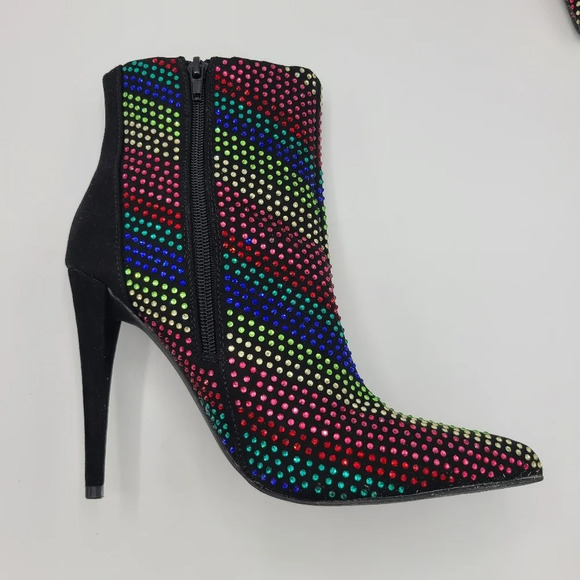 JustFab Black Rainbow Rhinestone Embellished Pointed Toe Stiletto Boots 8 - Picture 6 of 16